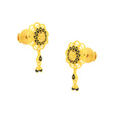22K Gold Black Enamel and Flower Dangle Earrings